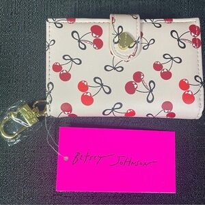 Betsey Johnson Pink-Cherry Print Card Holder Wallet & Gold-Tone Keychain NEW